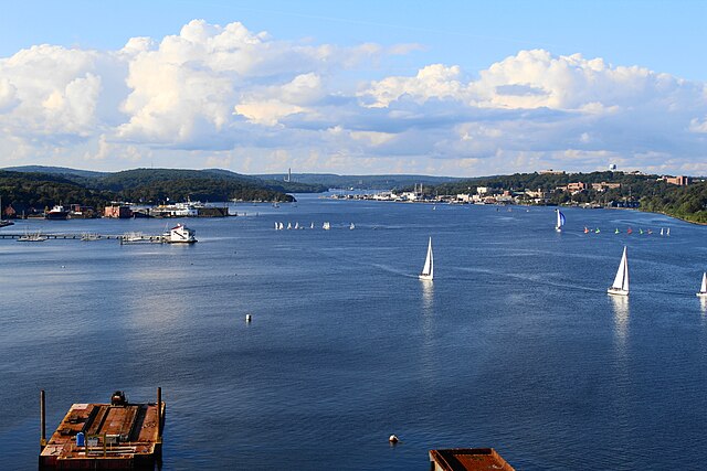 The Thames River from the Gold Star Bridge in New London.