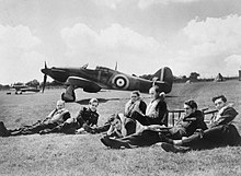 Pilot Officer Keith Gillman (second from the left), on 29 July 1940 at RAF Hawkinge The Battle of Britain HU54418.jpg