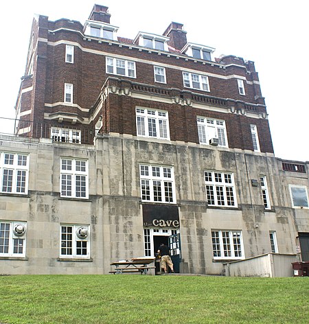 The Cave is in the basement of Margaret Evans dormitory at Carleton College in Northfield, MN. The Cave, Northfield, MN, from the outside.jpg