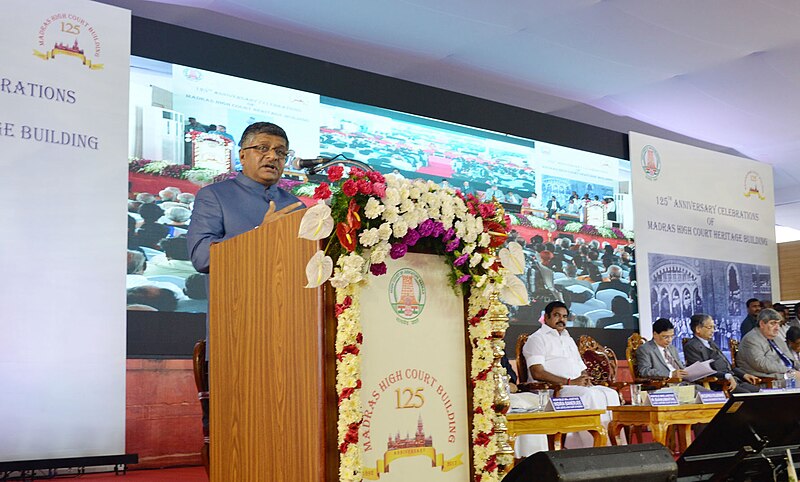 File:The Union Minister for Electronics & Information Technology and Law & Justice, Shri Ravi Shankar Prasad addressing at a function organised to celebrate the 125th Year of the Historical Madras High Court Building, in Chennai.jpg