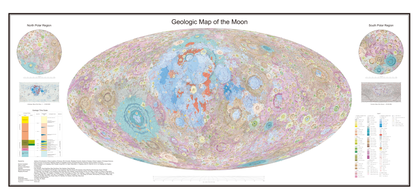 Primeira carta geológica global lunar de escala 1:2.500.000, que incorpora o conhecimento mais abrangente sobre a Lua, aproveitando os mais recentes resultados de exploração e descobertas científicas. A carta fornece uma ilustração de última geração de bacias de impacto e crateras de diferentes períodos, a distribuição de 17 tipos de rochas e 14 tipos de estruturas. (definição 14 999 × 6 982)