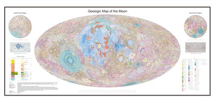 Geologic map of the Moon with general features are coloured in by age, except in the case of mares (in blue), KREEP (red) and other special features. Oldest to youngest: Aitkenian (pink), Nectarian (brown), Imbrian (greens/turquoise), Eratosthenian (light orange) and Copernican (yellow). The geologic map of the Moon at 1-2.5M scale.png