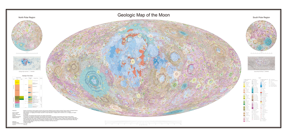 本幅1:250万月球全月地质图综合表达了月球地质和演化信息，可为月球科学研究、探测规划、着陆点选址等提供重要的基础资料，同时也为其它天体地质图的编制提供了参考。