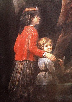 Део слике која приказује младу девојку у црвеном сакоу и плисираној црној сукњи са руком пребаченом преко рамена младог дечака, који је обучен у плаву тунику и црне панталоне и гледа преко рамена у посматрача.