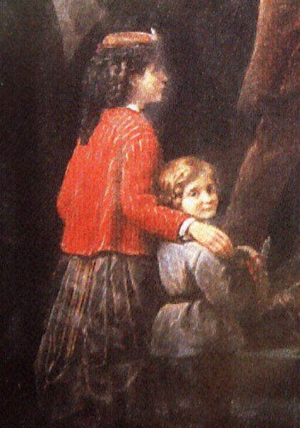 Pierre de Coubertin as a child (right), with one of his sisters, painted by his father Charles Louis de Frédy, Baron de Coubertin (detail of Le Départ