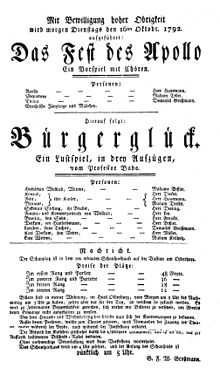 Theaterzettel zur Aufführung des Stücks Bürgerglück anlässlich der Einweihung des Bremer Stadttheaters 1792 (Quelle: Wikimedia)
