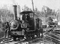 Timber mill workers on a 0-6-0 Johnson loco, Bell Hill mill, ca 1910