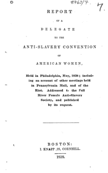 Very long title of a pamphlet, 1838 Title page of report on anti-slavery meeting, 1838.png