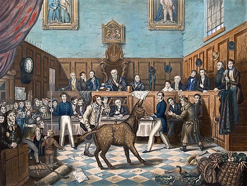 A painting of the Trial of Bill Burns,showing Richard Martin with the donkey in an astonished courtroom,leading to the world's first known conviction for animal cruelty,a story that delighted London's newspapers and music halls. Trial of Bill Burns.jpg