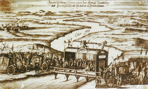 Contemporary engraving depicting the Exchange of the Princesses over the Caia River on the Portugal-Spain border Troca das Princesas no Caia, 1729.png