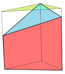 Example truncated triangular prism. Its top face is truncated at an oblique angle, but it is not an oblique prism. TruncatedTriangularPrism.png