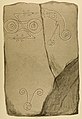 1856 drawing of the symbols on the stone. To the left is a double disc with Z-rod, to the right a fish monster and a sword. The head with antennae is a 19th-century addition.