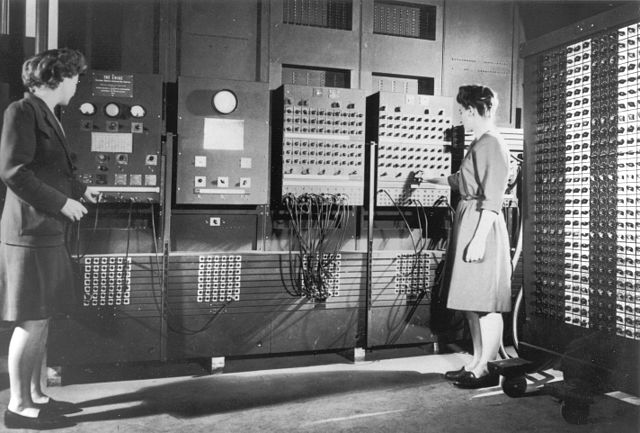 Programmers Betty Jean Jennings (left) and Fran Bilas (right) operating ENIAC's main control panel at the Moore School of Electrical Engineering, c. 1