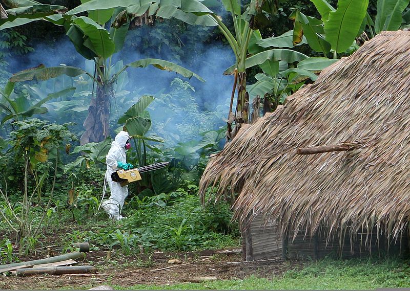 File:U.S. Navy Hospital Corpsman 1st Class Van Manlambus sprays insecticide around a hut May 6, 2011, in Espiritu Santo, Vanuatu, to control the mosquito population and prevent the spread of malaria 110506-N-ZZ999-066.jpg