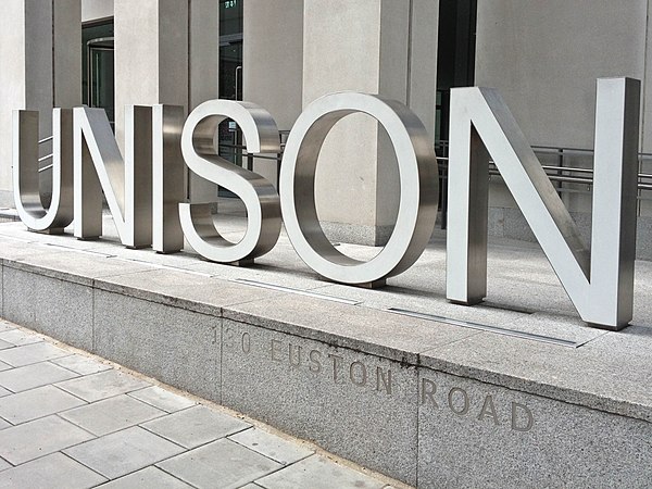 UNISON sign outside their headquarters on Euston Road, London