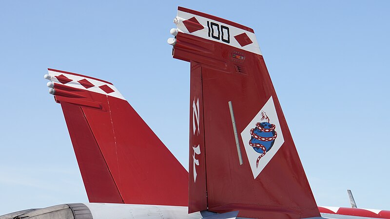 File:US Navy FA-18F Super Hornet (NF100, No.166915) of VFA-102 CAG bird vertical stabilizer right rear view static display at NCAS Iwakuni Base May 5, 2016.jpg