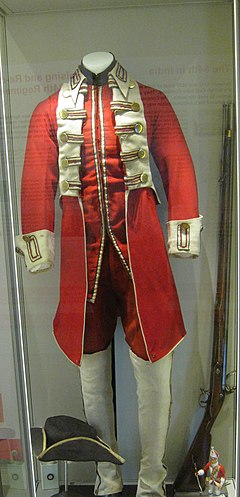 1758 soldier's uniform in the York and Lancaster Regimental Museum Uniform 65th Regiment of Foot 1758.jpg