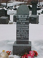 The grave of the unknown child in Fairview Cemetery in 2002, before identification Unknown Titanic Child.jpg