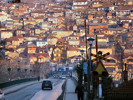 View across the river, up one of Veles's steep hills