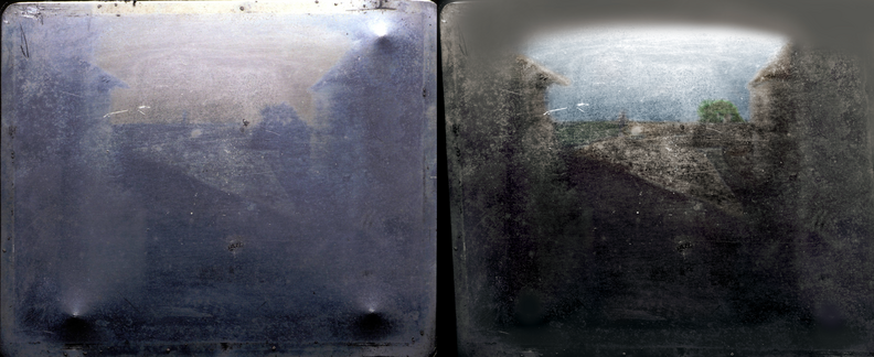 View from the Window at Le Gras (1826 or 1827), by Nicéphore Niépce, the earliest known surviving photograph of a real-world scene, made with a camera obscura. Original (left) and colorized reoriented enhancement (right).