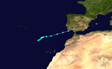 Track map of 2005's Hurricane Vince, which likely followed a path very similar to that of the late-October hurricane in the eastern Atlantic Vince 2005 track.png