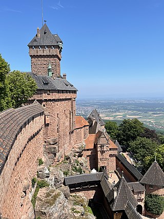 A view of the Haut-Koenigsbourg castle, with the Alsace plain in the background.