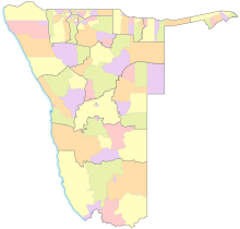 The 121 Constituencies of Namibia Wahlkreise in Namibia (2014).svg