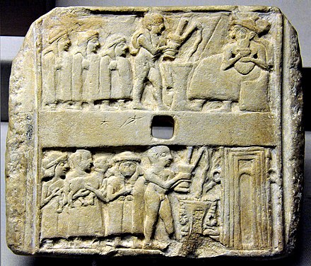 Wall plaque from Ur, with image of a temple (lower right). Circa 2500 BCE. British Museum.