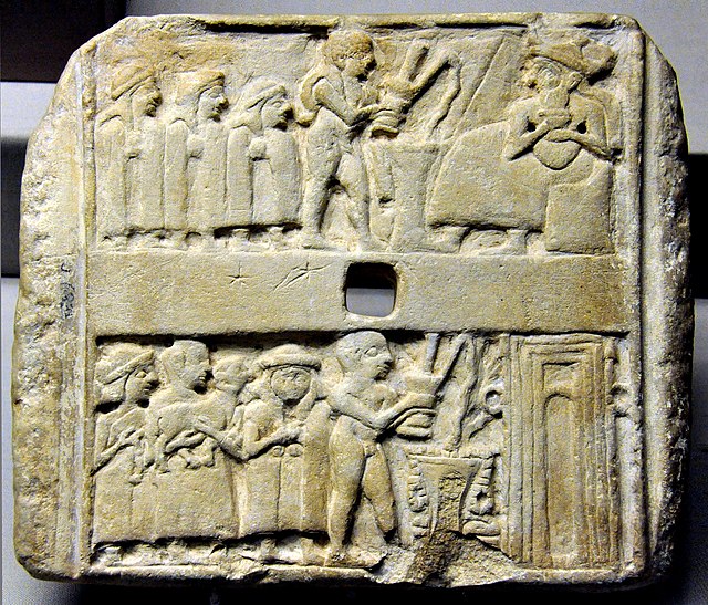 Wall plaque showing libations by devotees and a naked priest, to a seated god and a temple. Ur, 2500 BCE.