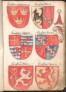 Wernigeroder Wappenbuch 1486 Wappen Zypern (in der Mitte links)