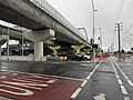 The western side of the new elevated railway at Keon Parade looking south, taken from the High Street/Keon Parade signalised intersection, July 2024