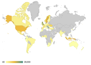 Global map of grantees intended contribution to Wikipedia (darker colours signalling larger contributions)