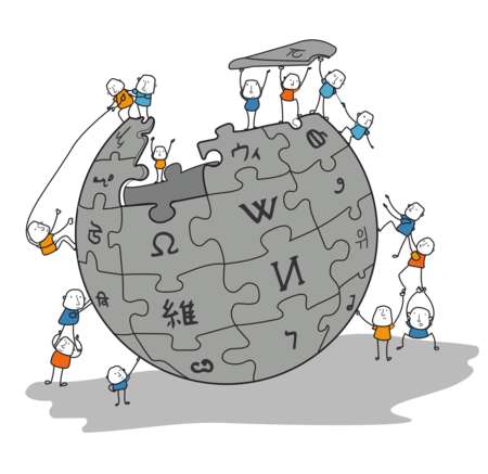 Cartoon of people working to construct a XIV globe