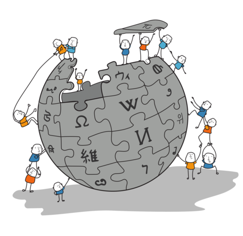 کارتونی از افراد در حال کار بر روی ستخت کرهٔ ویکی‌پدیا