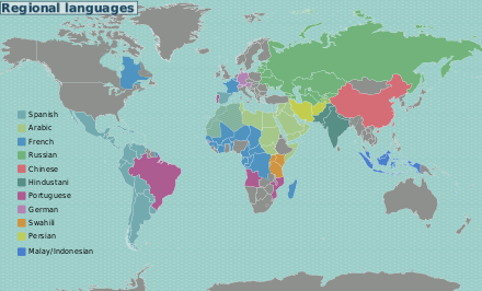 A world map with several colored zones that show major world languages that spread across regions