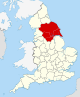 Englannin kreivikuntien kartta, jossa Yorkshire korostettuna tummanpunaisella