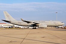 RAF Voyager KC3 ZZ336 after her VIP refit, but retaining its original low-visibility matt-grey paint scheme, 2018. ZZ336 10062018LHR (27880913107).jpg