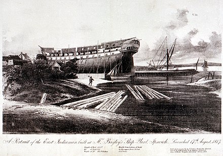 The Orwell under construction 'A Portrait of the East Indiaman ('Orwell'), built at Mr Bayley's Ship-Yard, Ipswich. Launched 17th August, 1817' RMG PU6398.jpg