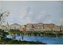 Moscow University in the 1790s Moskovskii universitet i reka Neglinnaia.jpg