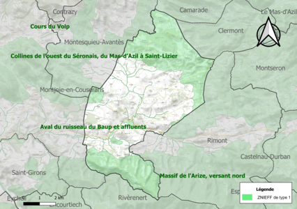 Carte des ZNIEFF de type 1 sur la commune.