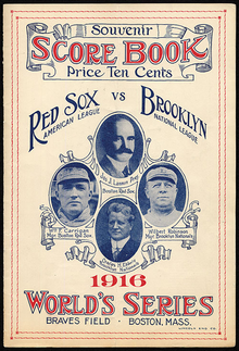 A scorebook from the 1916 World Series, depicting Red Sox owner Joseph Lannin, Red Sox manager Bill Carrigan, Dodgers owner Charles Ebbets, and Manager Wilbert Robinson 1916WorldSeries.png