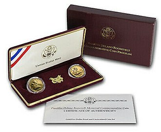 Franklin Delano Roosevelt $5 gold uncirculated and proof coins with Mint packaging and COA 1997 FDR $5 gold BU and Proof Coins with Mint Packaging and COA.jpg