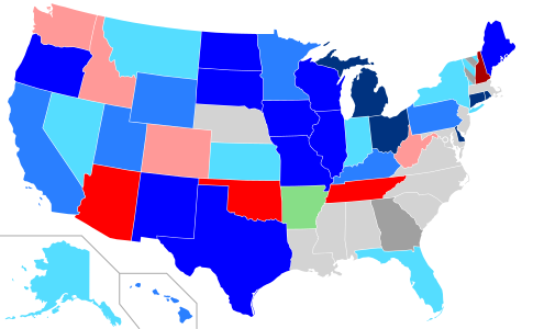 Net changes to lower house seats after the 2008 elections      +1 Dem seat      +2 Dem seats      +3–5 Dem seats      +6–9 Dem seats      +1 Rep seat      +3–4 Rep seats      +15 Rep seats      +1 Ind seat      +1 Green seat