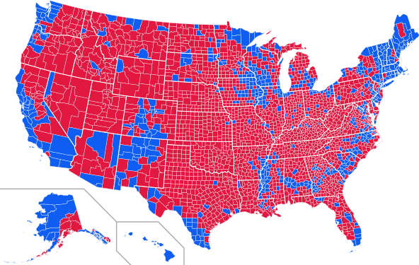 Voto popolare per contea. In blu le contee in cui la maggioranza degli elettori ha votato per Obama, in rosso le contee in cui la maggioranza ha votato per Romney