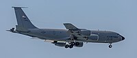 A KC-135R Stratotanker, tail number 57-1439, on final approach at Kadena Air Base in Okinawa, Japan in March 2020. It is assigned to the 22nd Air Refueling Wing and the 931st Air Refueling Wing at McConnell Air Force Base in Wichita, Kansas.