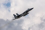 An F-15C Eagle, tail number 86-0163, taking off from RAF Lakenheath in England. The aircraft was assigned to the 493rd Fighter Squadron.