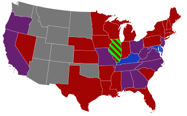 Senators' party membership by state at the opening of the 42nd Congress in March 1871. The green stripes in Illinois represent Liberal Republican Lyman Trumbull.
.mw-parser-output .legend{page-break-inside:avoid;break-inside:avoid-column}.mw-parser-output .legend-color{display:inline-block;min-width:1.25em;height:1.25em;line-height:1.25;margin:1px 0;text-align:center;border:1px solid black;background-color:transparent;color:black}.mw-parser-output .legend-text{}
2 Democrats
1 Democrat and 1 Republican
2 Republicans
Territories 42nd United States Congress Senators.svg