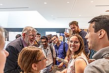 Nobel Laureate William D. Phillips discussing with young scientists during the 69th Lindau Meeting 2019. Foto: Ch. Flemming/Lindau Nobel Laureate Meetings 69th LNLM Bill Phillips young scientists.jpg