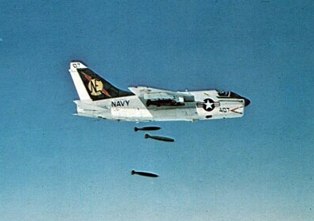 A US Navy A-7 Corsair drops a load of Mark 83 bombs in 1970; the relentless bombing campaign had led to the Navy's stocks of Mark 83 bombs dwindling, 