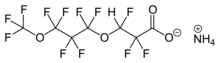 ADONA, ammonium 4,8-dioxa-3H-perfluorononanoate, is 3M's PFOA replacement in the emulsion polymerization of fluoropolymers. ADONA-2D-skeletal.png